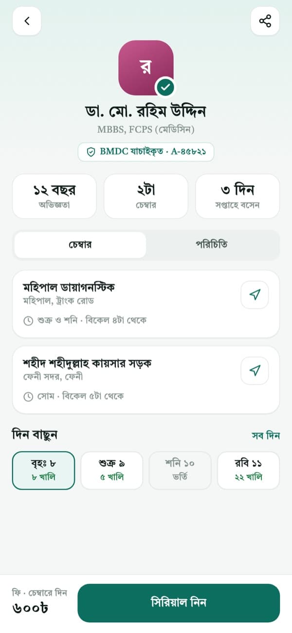 Doctor profile with chambers and free days