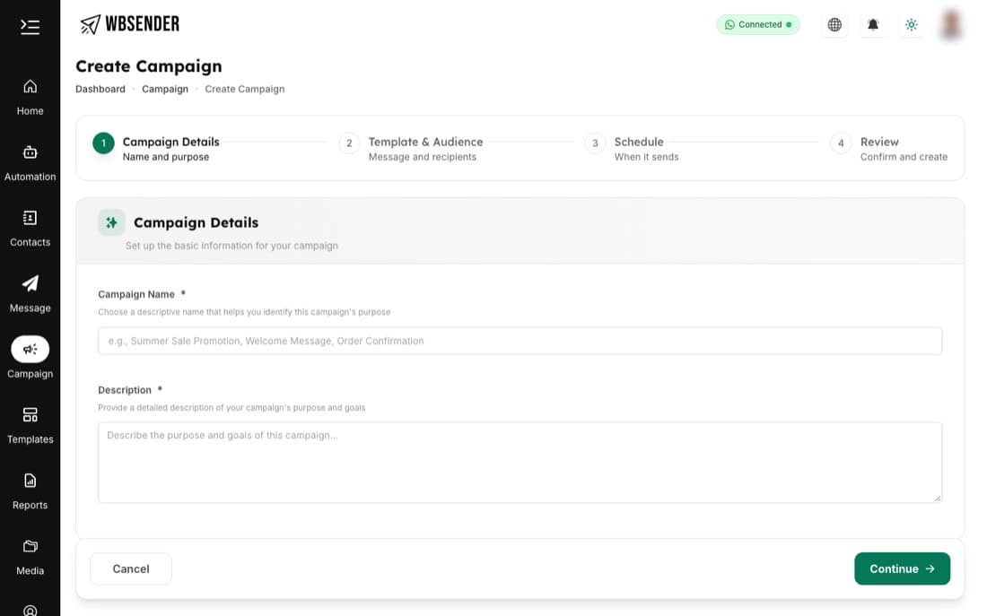 WBSender step-by-step campaign builder